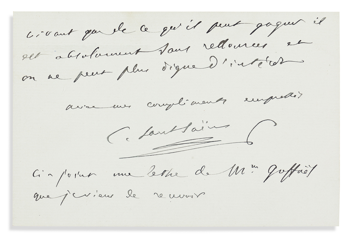 SAINT-SAËNS, CAMILLE. Group of three Autograph Letters Signed and an Autograph Note Signed, C. Saint-Saëns, to Director of the Chopin